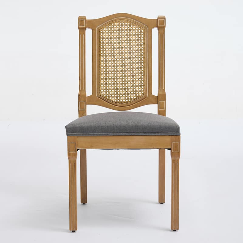 Set of 2 Full Solid Wood Rattan-Back Dining Chair, Matte Linen Cushion with High-Resilience Foam & S-Springs
