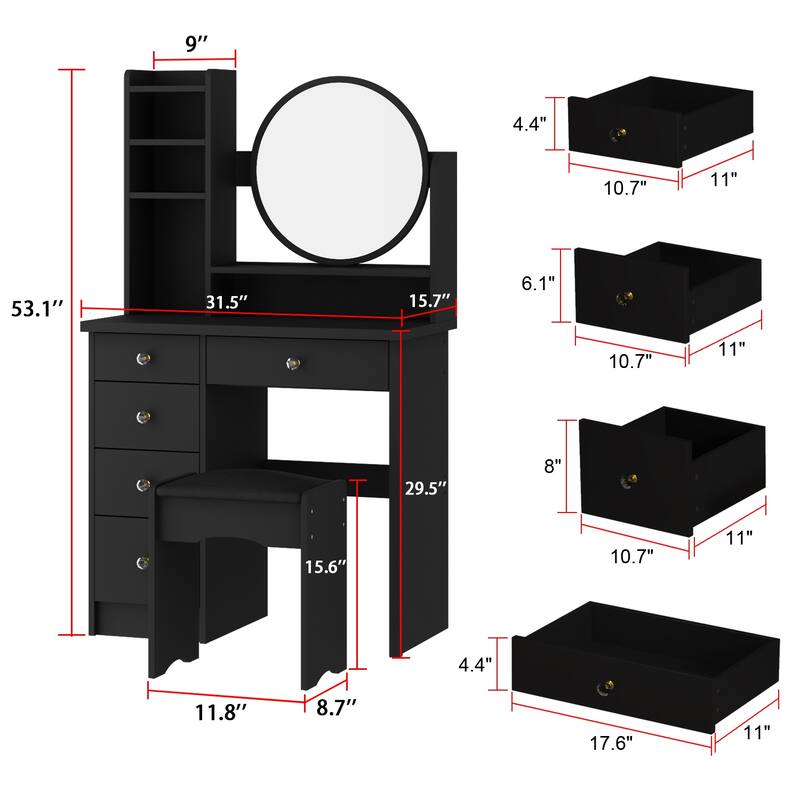 Makeup Vanity Set Dresser w/Mirror Stool 5 Drawers - White/Pink/Black - 31.5"L x 15.7"W x 52"H