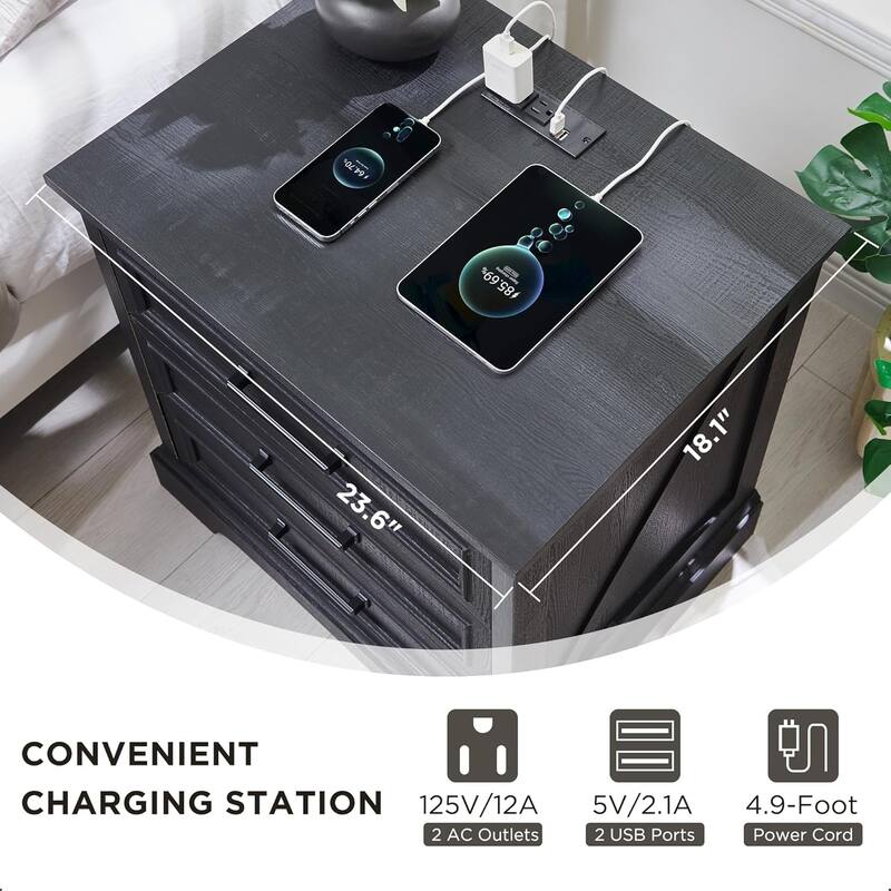 Farmhouse 3-Drawer Nightstand, Wide End Table with Charging Station