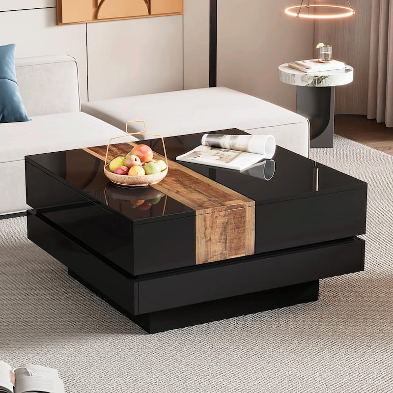 31.4" Square Coffee Table with Sliding Top and Hidden Storage - Black