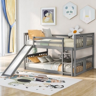 Cottage Simple Style Full Over Full Bunk Bed,Built-In Slide and Ladder,Solid Pine Wood Frame