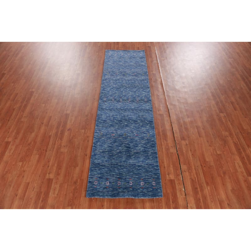 Hand Knotted Oriental 100% Wool Carpet Tribal Tribal Navy Blue & Blues Gabbeh Runner Rug - 9' 10'' X 2' 7''