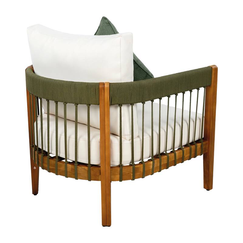 Acacia Wood Outdoor Club Chair with Handwoven Rope Accents & Curved Backrest - Water-Resistant with Removable Cushions