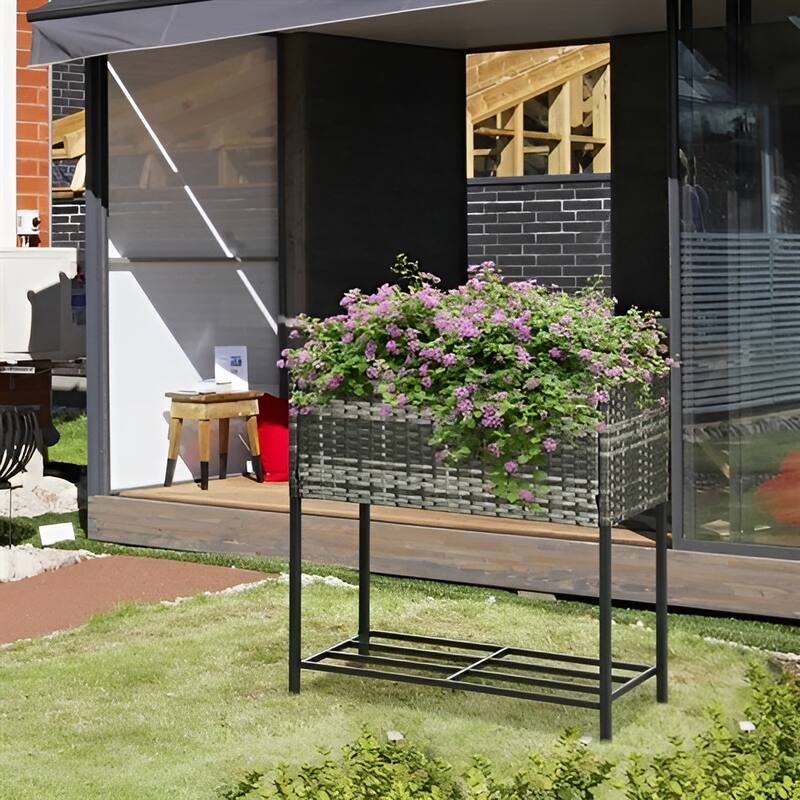 Rattan Steel Elevated Raised Planter Box with Storage Shelf - 27.5" L x 11.75" W x 27.5" H