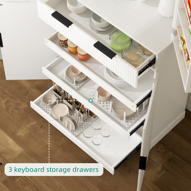 72"H Kitchen Pantry Cabinet with 3 Keyboard Drawers,Freestanding Cabinet with 6 Door Shelves Adjustable,Cupboard Storage Cabinet