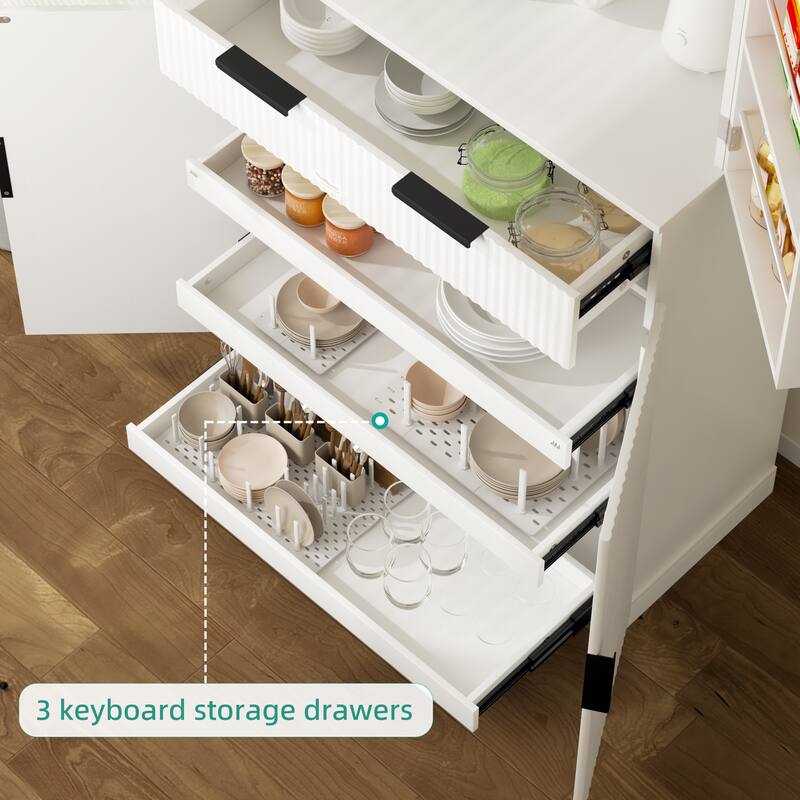 Modern Kitchen Storage Cabinet with 3 Keyboard Drawers & 6 Adjustable Shelves - 72" Tall Freestanding Cupboard for Bathroom