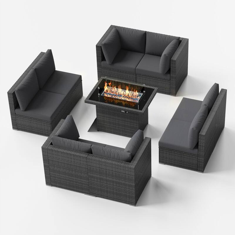 9-Piece Outdoor Wicker Patio Sectional Conversation Set with Fire Pit - Grey
