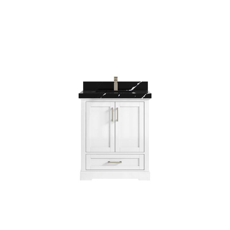 Willow Collection 30 in W x 22 in D x 36 in H Reeded Boston Single Bowl Sink Bathroom Vanity with Quartz or Marble Countertop - 2"Calacatta Black - White