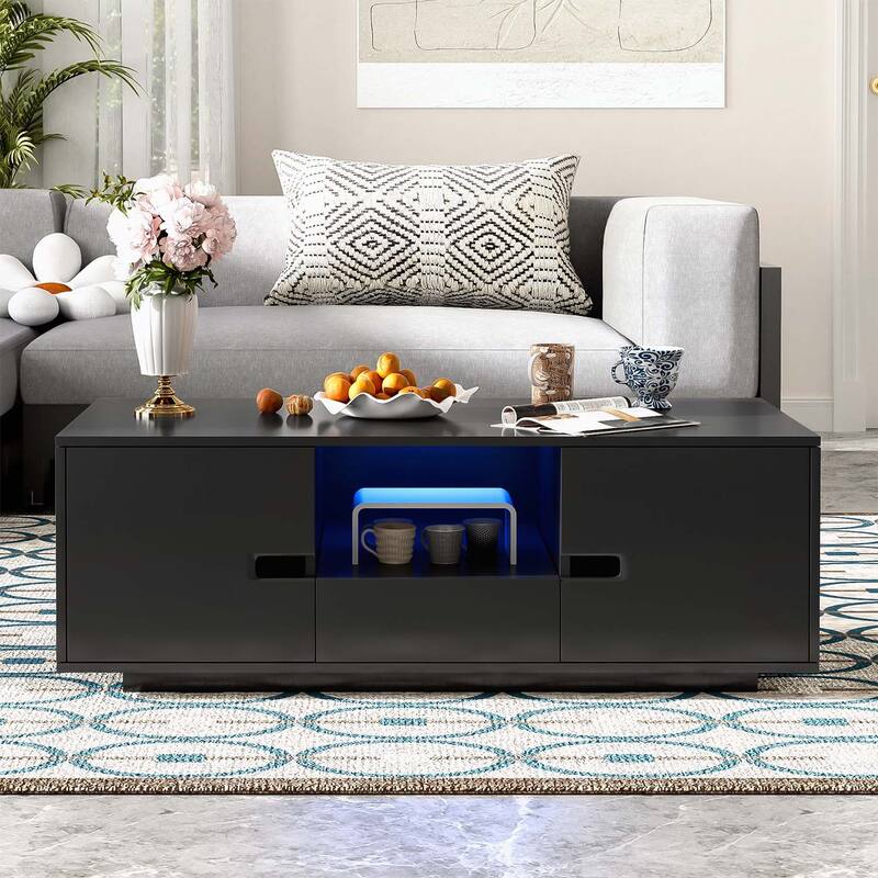 Functional Modern Rectangle Coffee Table with Storage and LED Lights,Ideal for Enhancing Living Room - Black