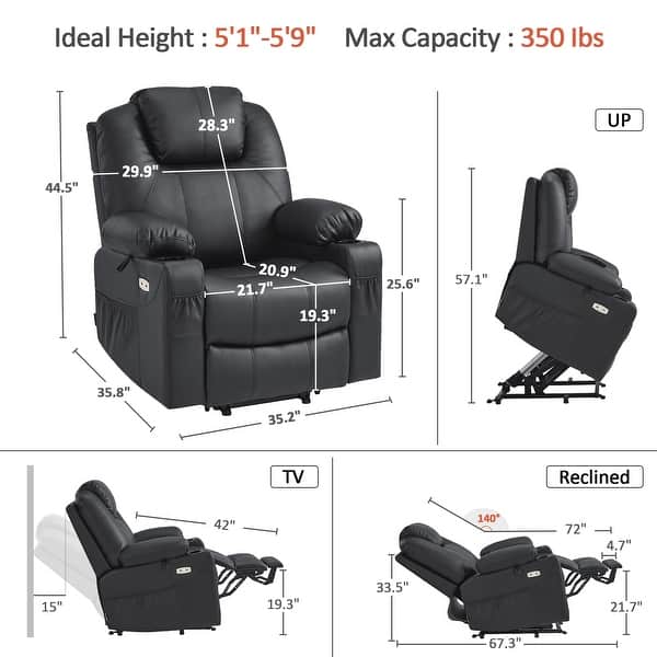 dimension image slide 2 of 7, MCombo Electric Power Lift Recliner Chair Sofa with Massage and Heat, 3 Positions, USB Ports, Faux Leather
