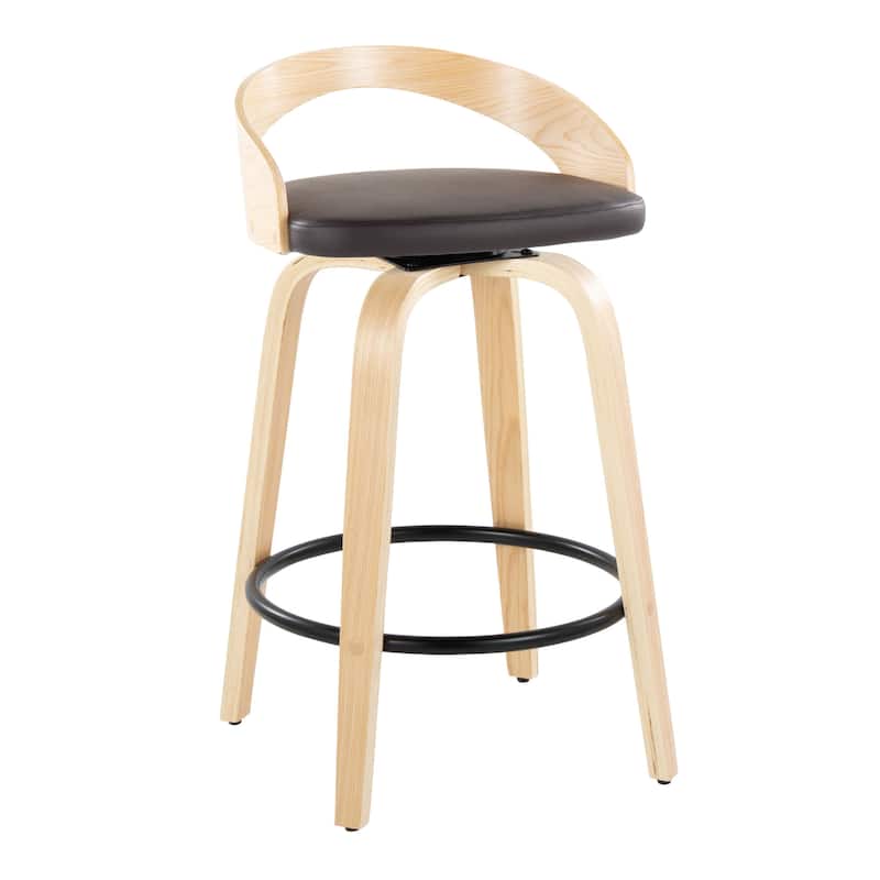 Carson Carrington Stavanger 26" Fixed-Height Counter Stool with Bent Wood Legs & Round Footrest (Set of 2) - Brown PU/Natural Wood/Black Metal