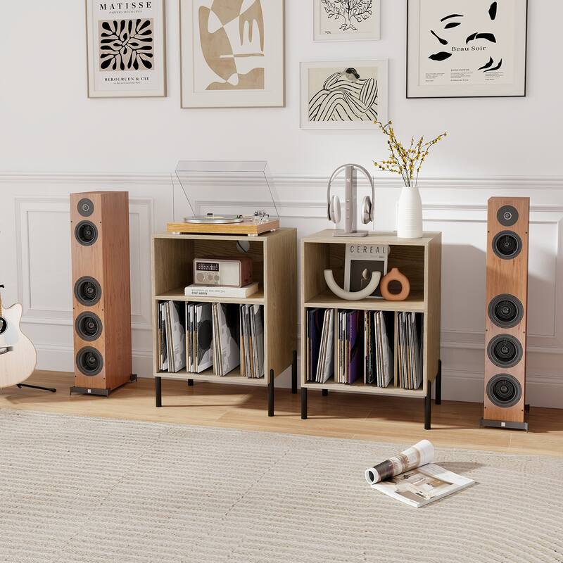 Gymax Record Player Stand w/Charging Station 5 Storage Compartments