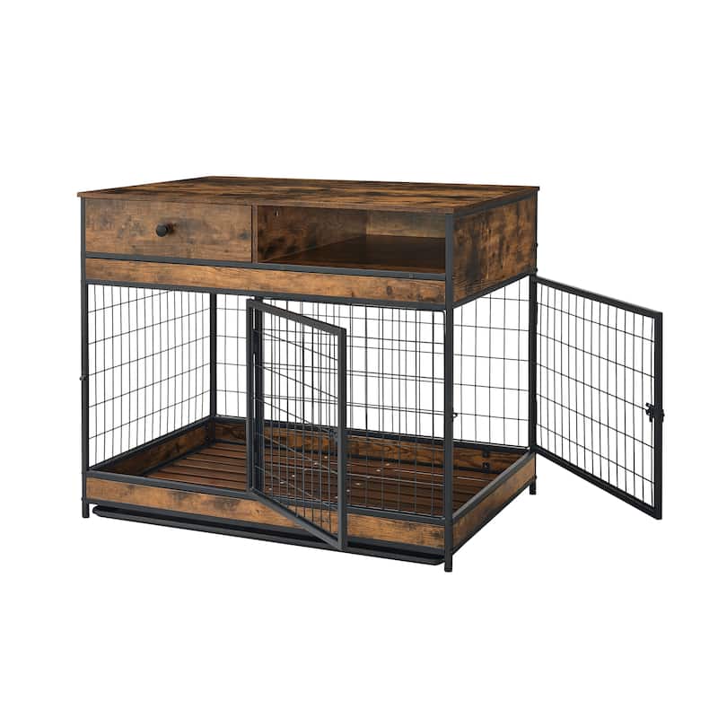 Roomfitters Dog Cage Crate with Two Doors and Drawer, Antique Brown