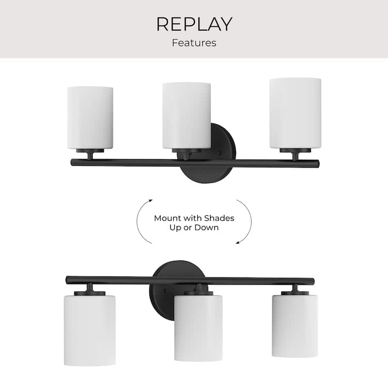 Replay Collection 3-Light Black Etched Glass Modern Bath Vanity Light