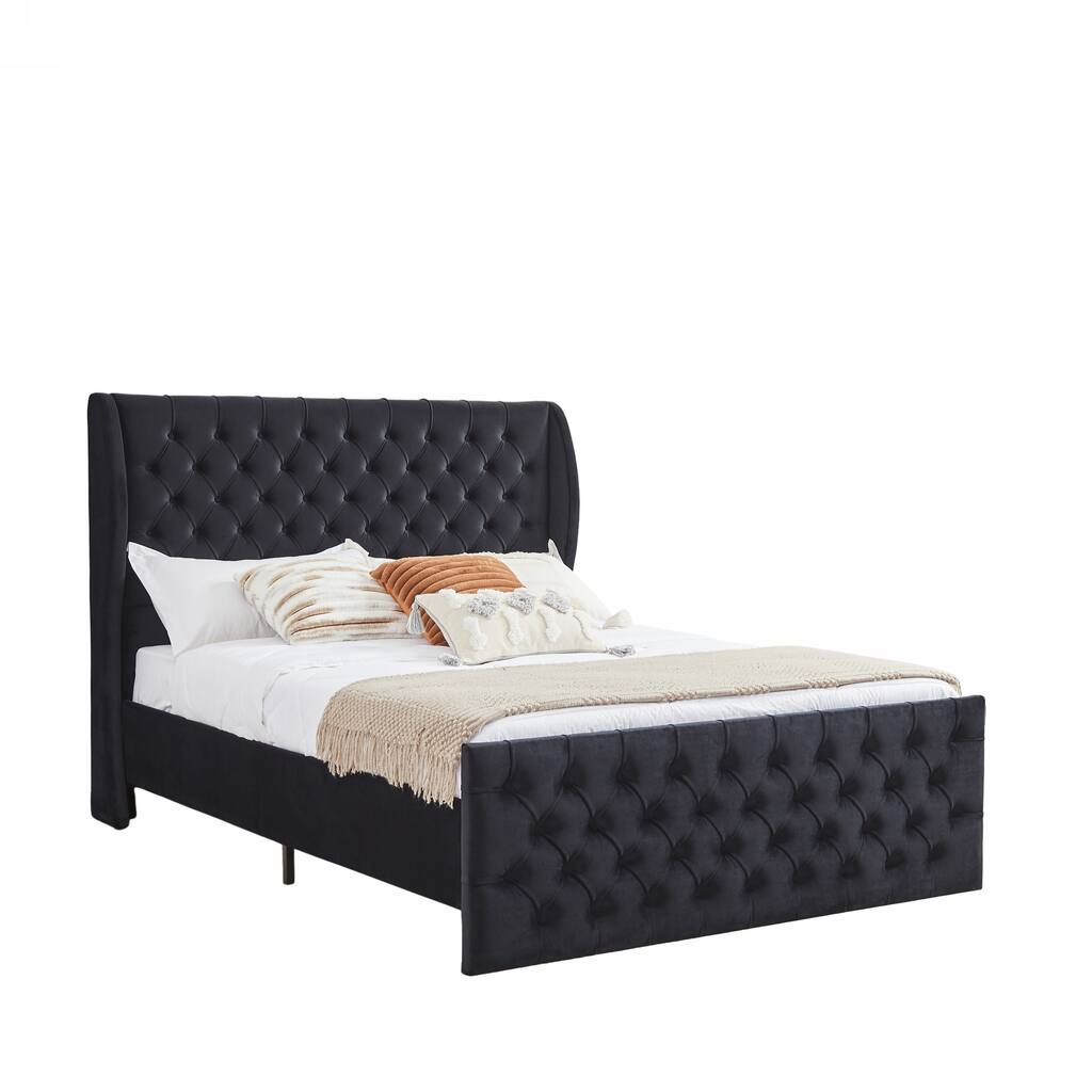 Queen Size Platform Bed Frame, Velvet Upholstered Sleigh Bed