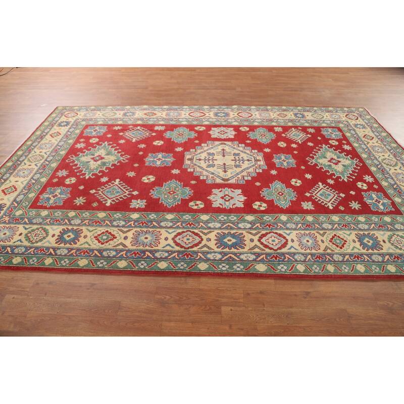 Geometric Red Kazak Area Rug Hand-Knotted Oriental Wool Carpet - 6'8" x 10'2"