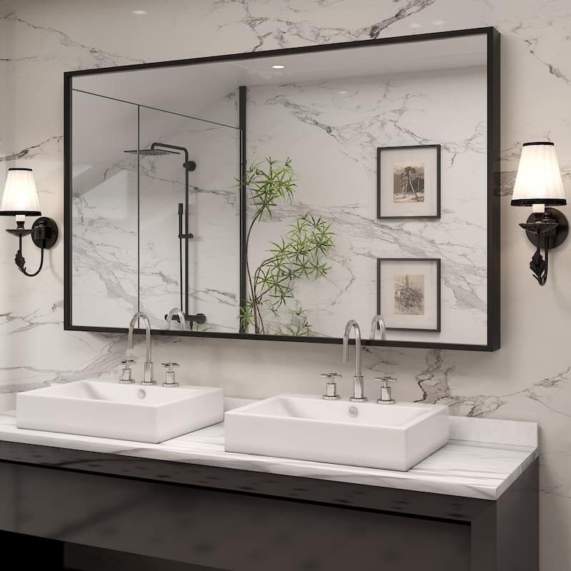 Tempered Glass and Metal Framed French Cleat Mounted Wall Bathroom / Vanity Mirror - 60" x 36" - Black