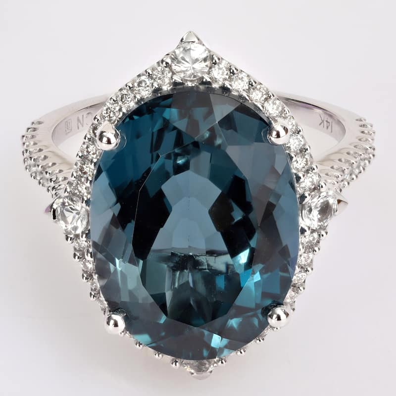 Miadora 14k White Gold 12 1/4 CT TGW Blue Topaz, White Sapphire & 3/8ct Diamond Halo Cocktail Ring