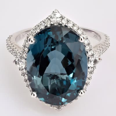 Miadora 14k White Gold 12 1/4 CT TGW Blue Topaz, White Sapphire & 3/8ct Diamond Halo Cocktail Ring