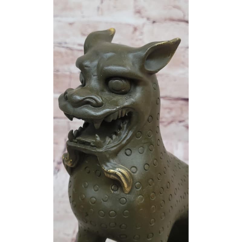 Asian Food Imitative Dog Imitative Lion Guardian Beast Bronze Sculpture On Marble Base