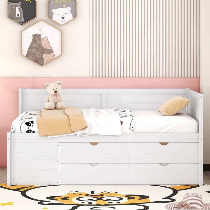 Twin Size Wood Daybed with Drawers and Storage Shelves