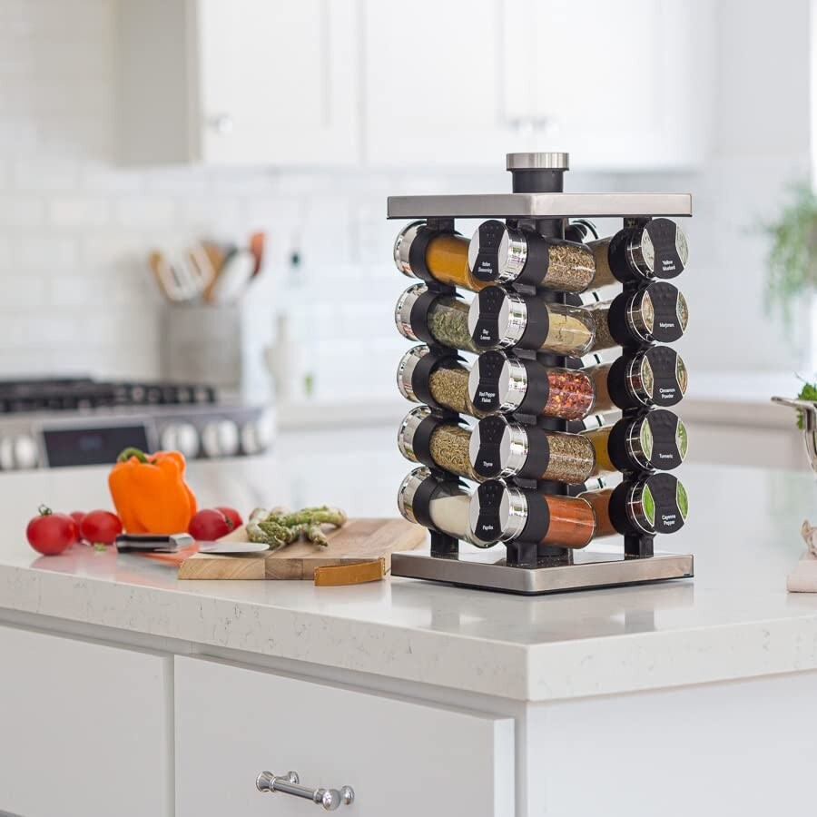 20 Jar Spice Rack with Spices Included Tower Organizer for Kitchen Spices and Seasonings Free Spice Refills