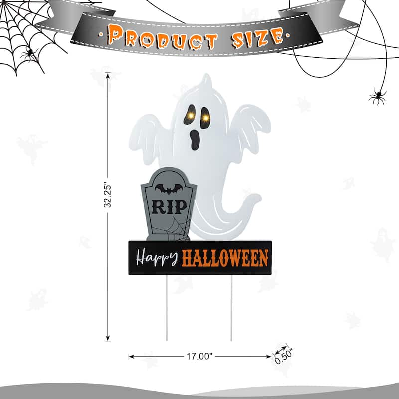 Glitzhome 32"H Lighted Halloween Metal Ghost Yard Stake Hanging Decor with Timer