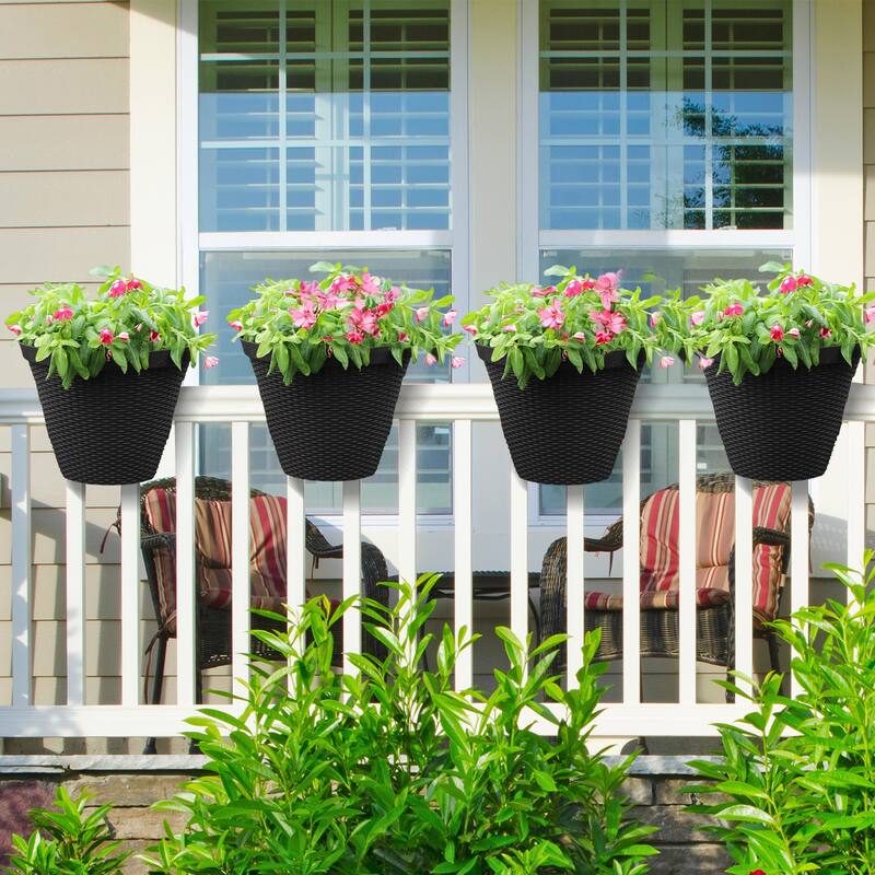 Aoodor 12'' Balcony Rattan Pattern Railing Planter Box with Drainage Holes and Adjustable Brackets - Set of 4 - 12''×11''