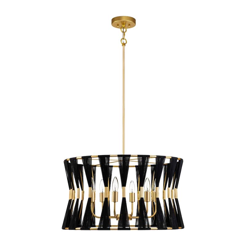 6-Light 23.6" Farmhouse Boho Hand-Woven Ivory Rope Tapered Fabric Drum Chandelier