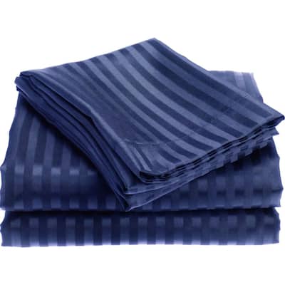 1800 Series Wrinckle Resistant 3 Piece Twin Size Embossed Stripe Sheet Set - Navy