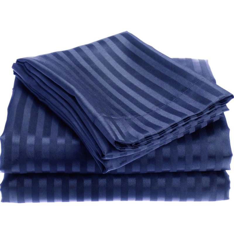 1800 Series Wrinckle Resistant 4 Piece King Size Embossed Stripe Sheet Set - Navy - King