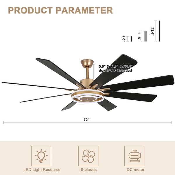 dimension image slide 4 of 6, Bella Depot 72" Modern Large Ceiling Fan 6-speed Reversible with Dimmable Light and Remote for Family Room