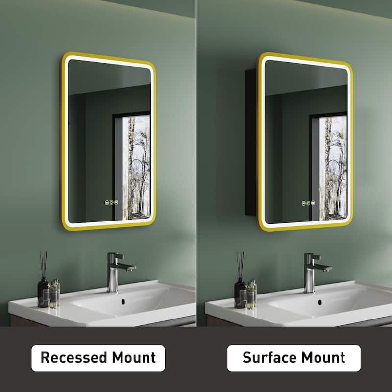 Milo LED Iron Medicine Cabinet with Mirror, Dimmable, Anti-fog, Adjustable Glass Shelves, Recessed or Surface Mount