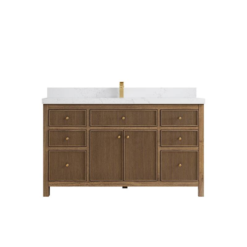 Willow Collections 60 in. W x 22 in. D Sonoma Teak Wood Single Sink Bathroom Vanity with Countertop - 2" Empira White - Dark Natural