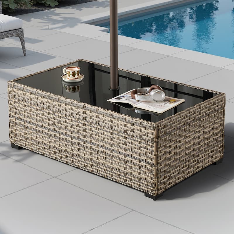 HOOOWOOO Wicker Rattan Patio Rectangle Coffee Table with Umbrella Hole - PAD-Table