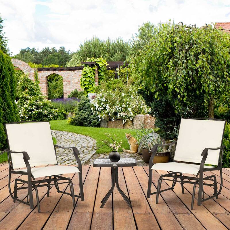 3-Piece Outdoor Rocking Glider Set with Glass Side Table, Cream White Patio Chairs with Breathable Mesh and Steel Frame