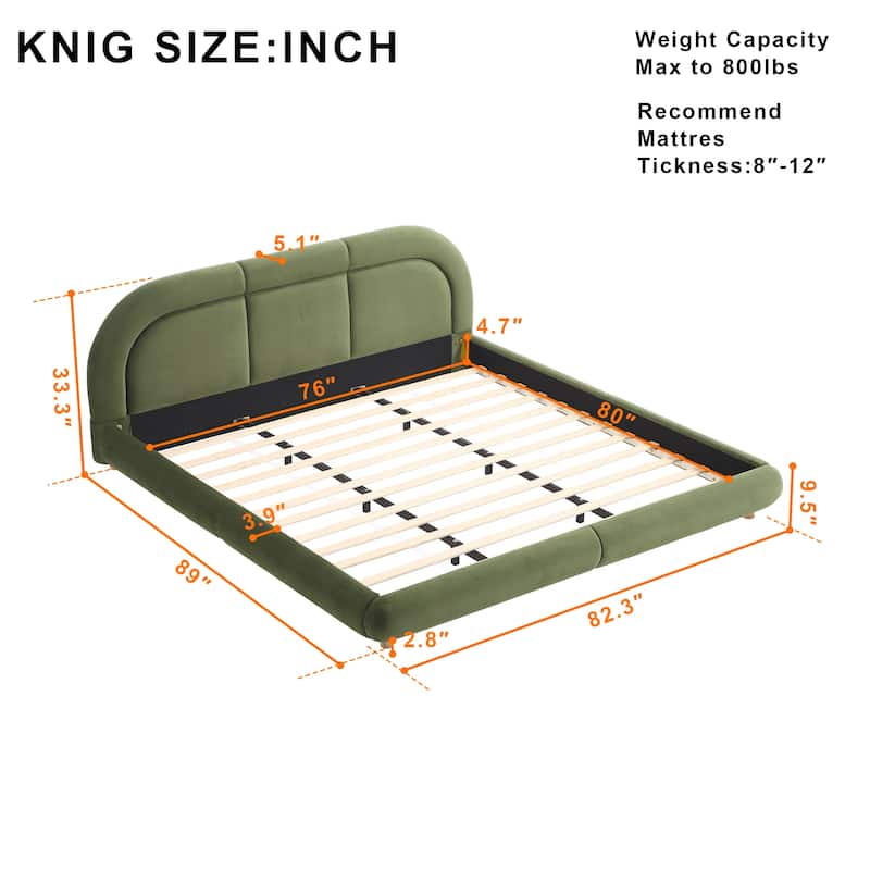 King Size Velvet Upholstered Platform Bed with Curved Headboard