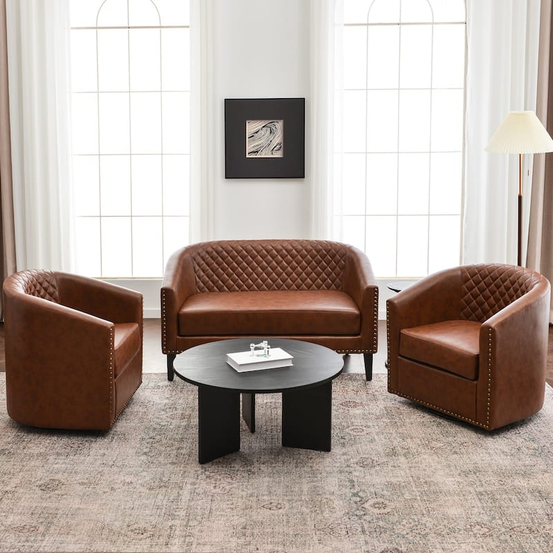 KINWELL 3-Piece PU Living Room Sets 1 Loveseat 2 Swivel Chairs - Brown