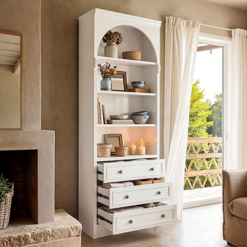 Modular White Bookcase with LED Lights & Glass Doors, 86.6" Tall Arched Display Cabinet Solid WoodStorage Cabinet