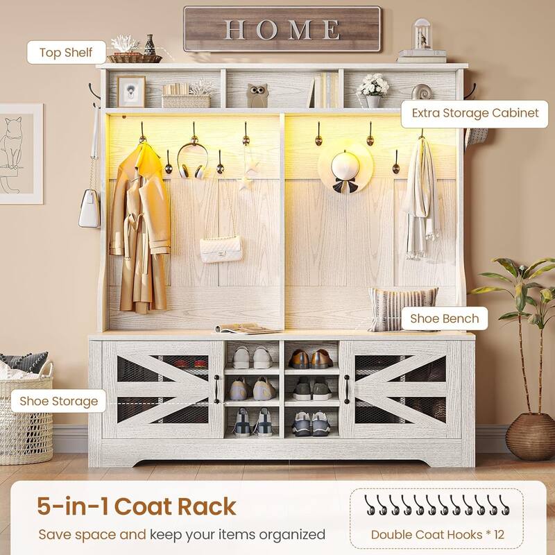 Hall Tree w/ Bench Shoe Storage Shoe Cubby Barn Door Adjustable Shelf