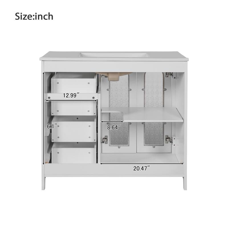 36" Bathroom Vanity with Ceramic Sink, Soft-Close Doors & Adjustable Shelves, Three Drawers for Storage
