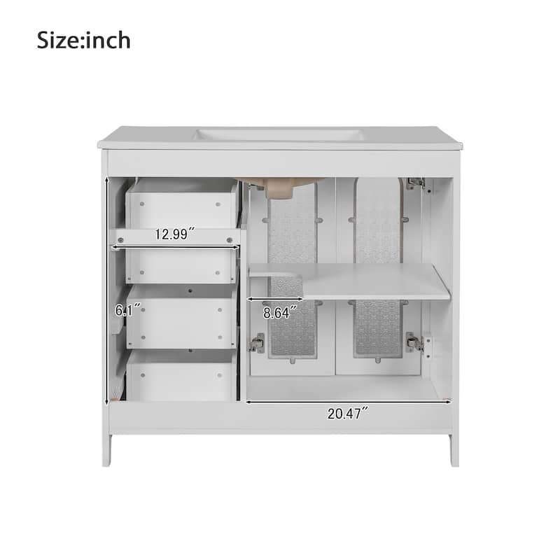Bathroom Vanity Storage Cabinet with Translucent Embossed Glass Doors, 2 Drawers, Adjustable Shelves and Soft Close Design