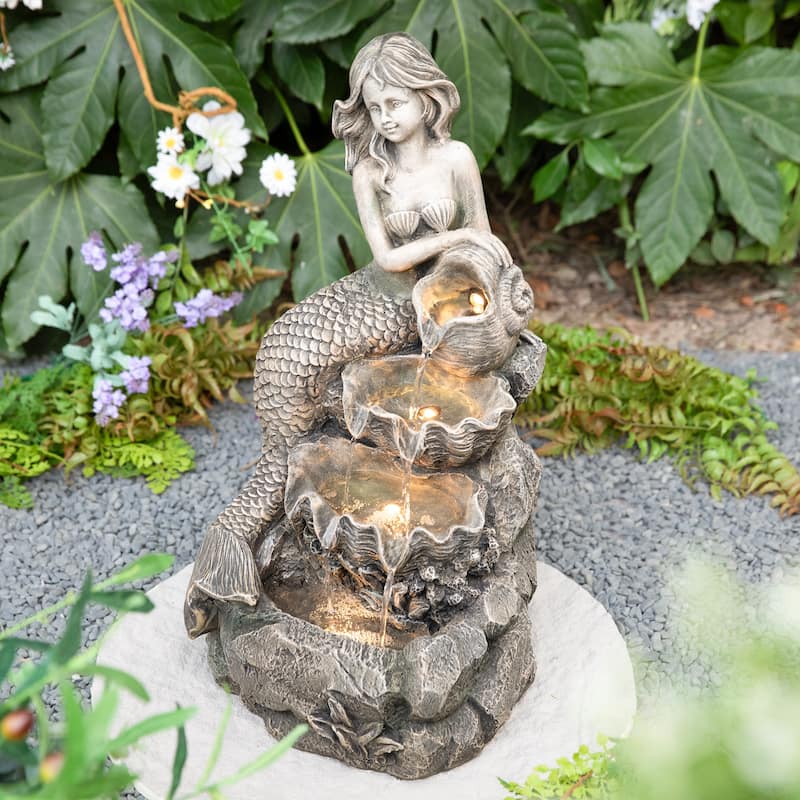 Glitzhome 22"H 4-Tiered LED Lighted Mermaid Fairy Polyresin Outdoor Floor Statue Fountains