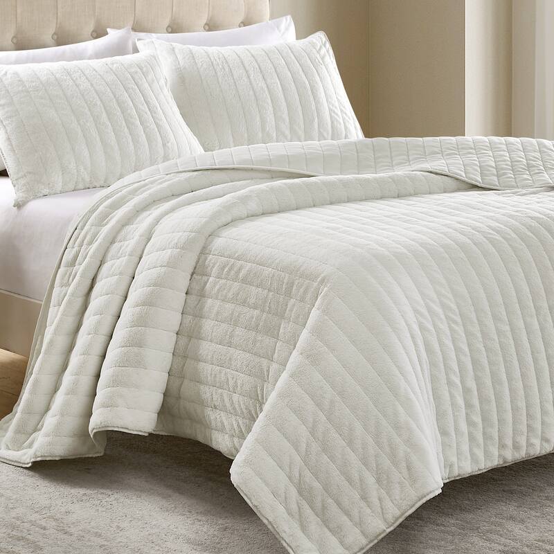 Beaute Solid Faux Fur Quilted Comforter Set,3-piece Reversible lightweight Shaggy Blanket Coverlet Bedding Set