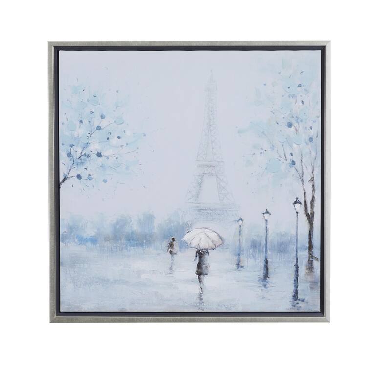 Canvas Eiffel Tower Living Room Framed Wall Art with Silver Frame - Blue - Roche River Decor - 24"W, 24"H