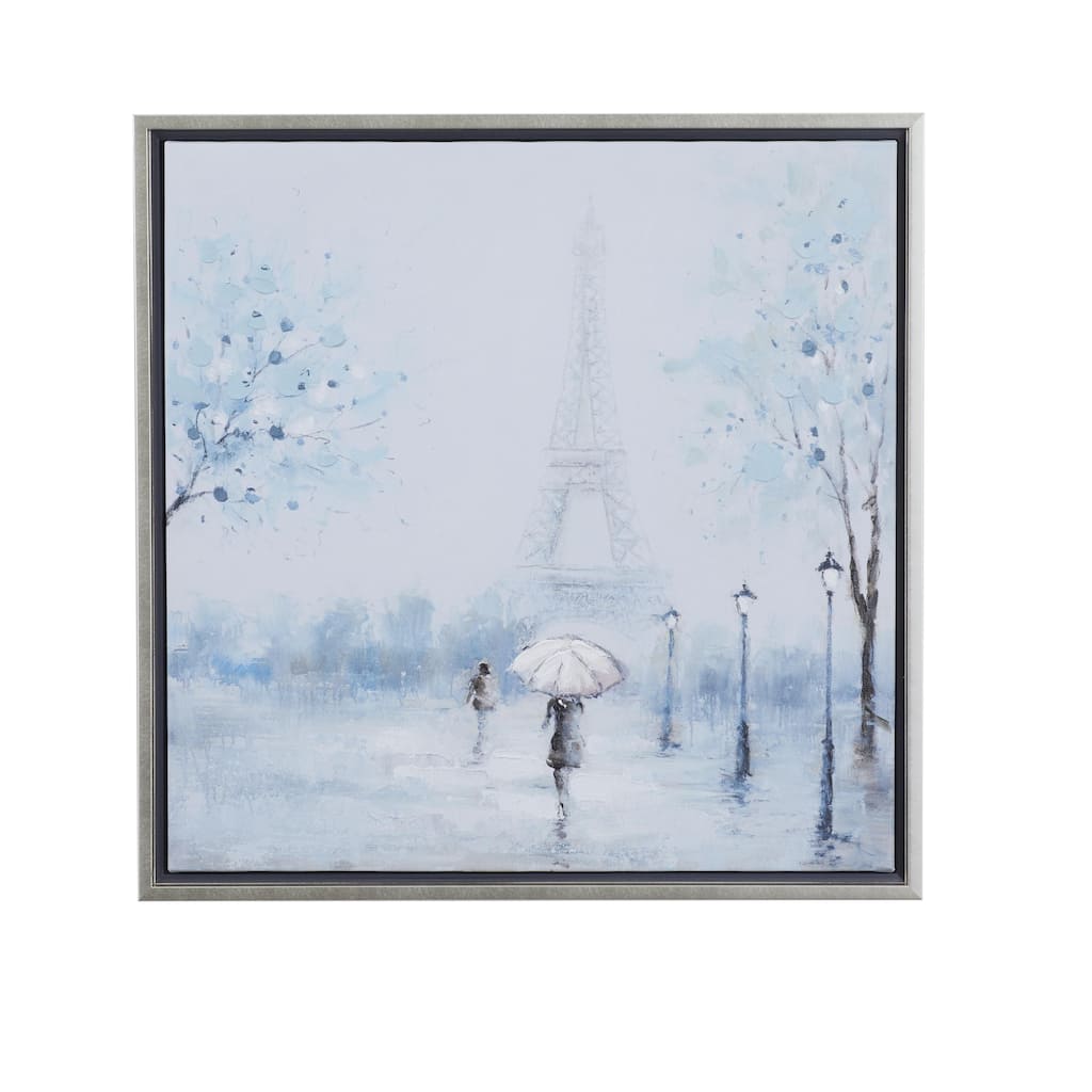Canvas Eiffel Tower Living Room Framed Wall Art with Silver Frame - Blue - Roche River Decor