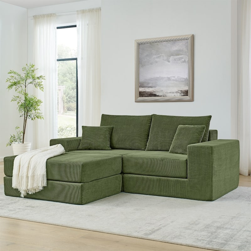 Modular Upholstered Convertible Sectional Sofa with Ottoman & Throw Pillows - Green