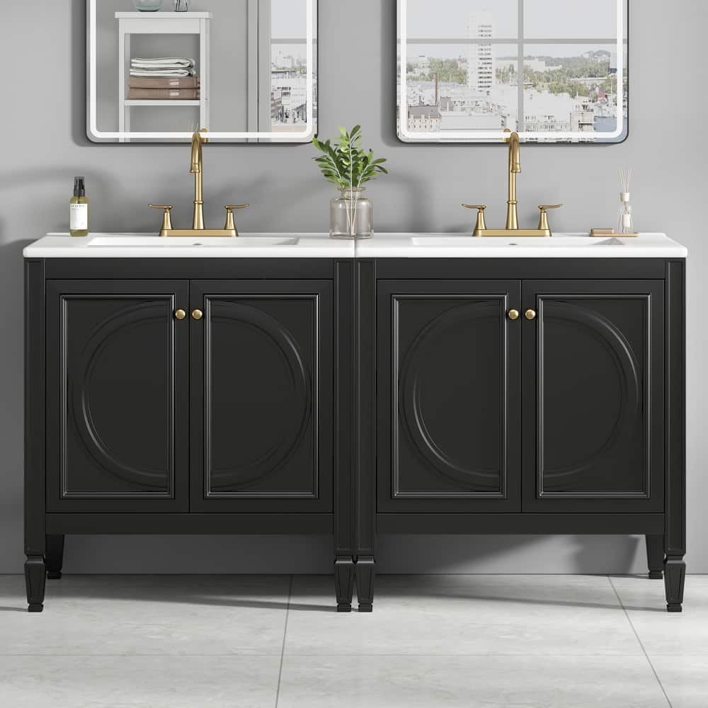 Roomfitters 60" Double Bathroom Vanity Set with Dual Ceramic Sinks, Vintage Tapered Legs and Customizable Storage