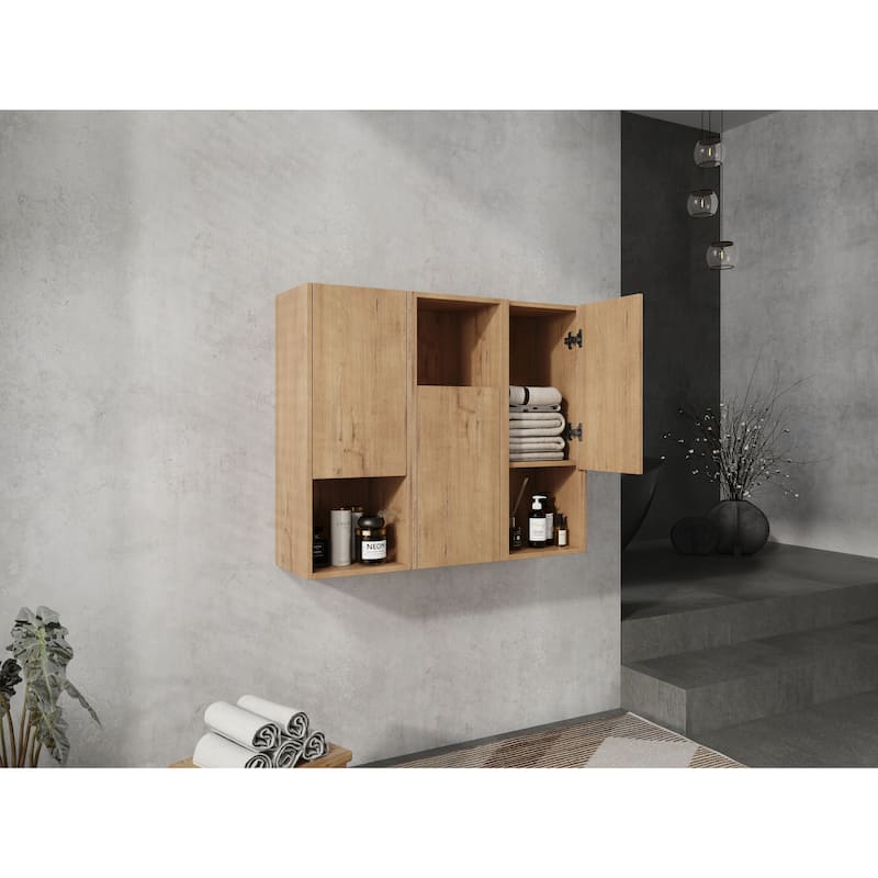 Wall Mounted Bathroom Side Cabinet with Reversible Door, Floating Storage Cabinet with Open Shelves