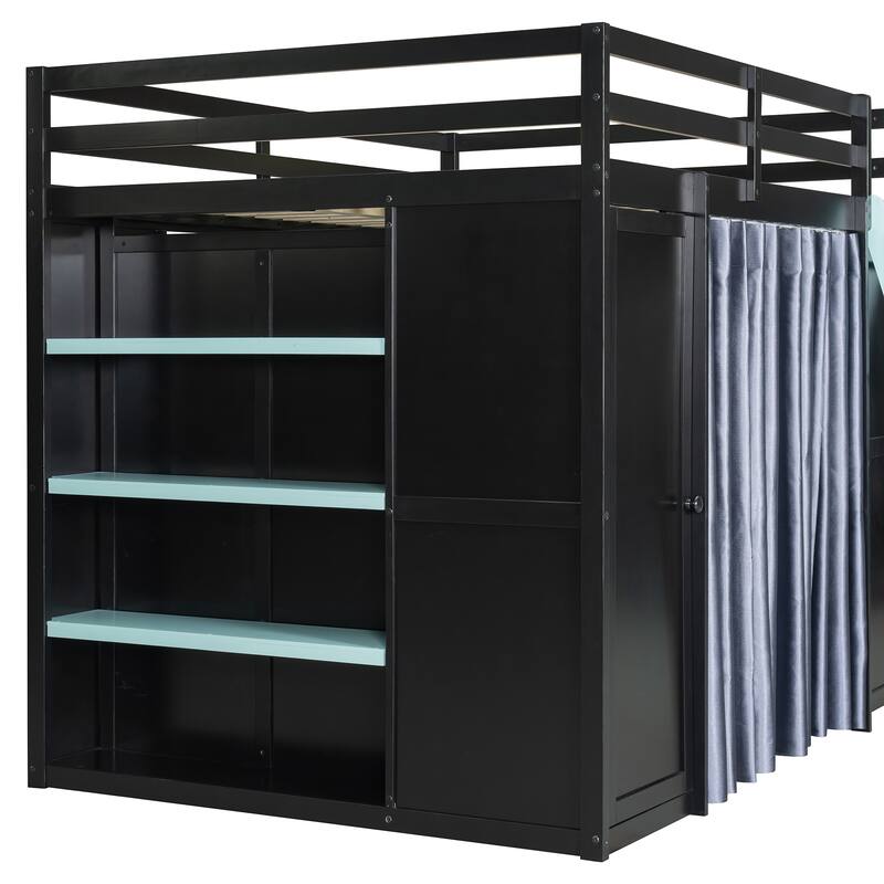 All-in-One Loft Bed Full Size Bedframe with Wardrobe, Shelves, Blackout Curtains, Pegboard, Charging Station and RGB Light Strip